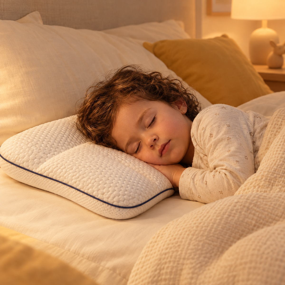 Kind slaapt rustig op het Kleo Sleep kinderkussen